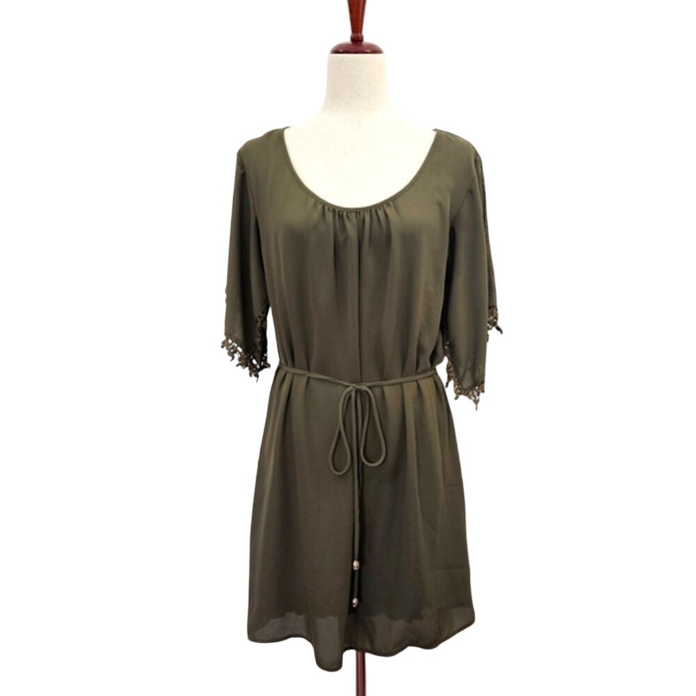 City‎ Triangles Olive Green Tie Waist Mini Dress Size Large Embroidered Boho
